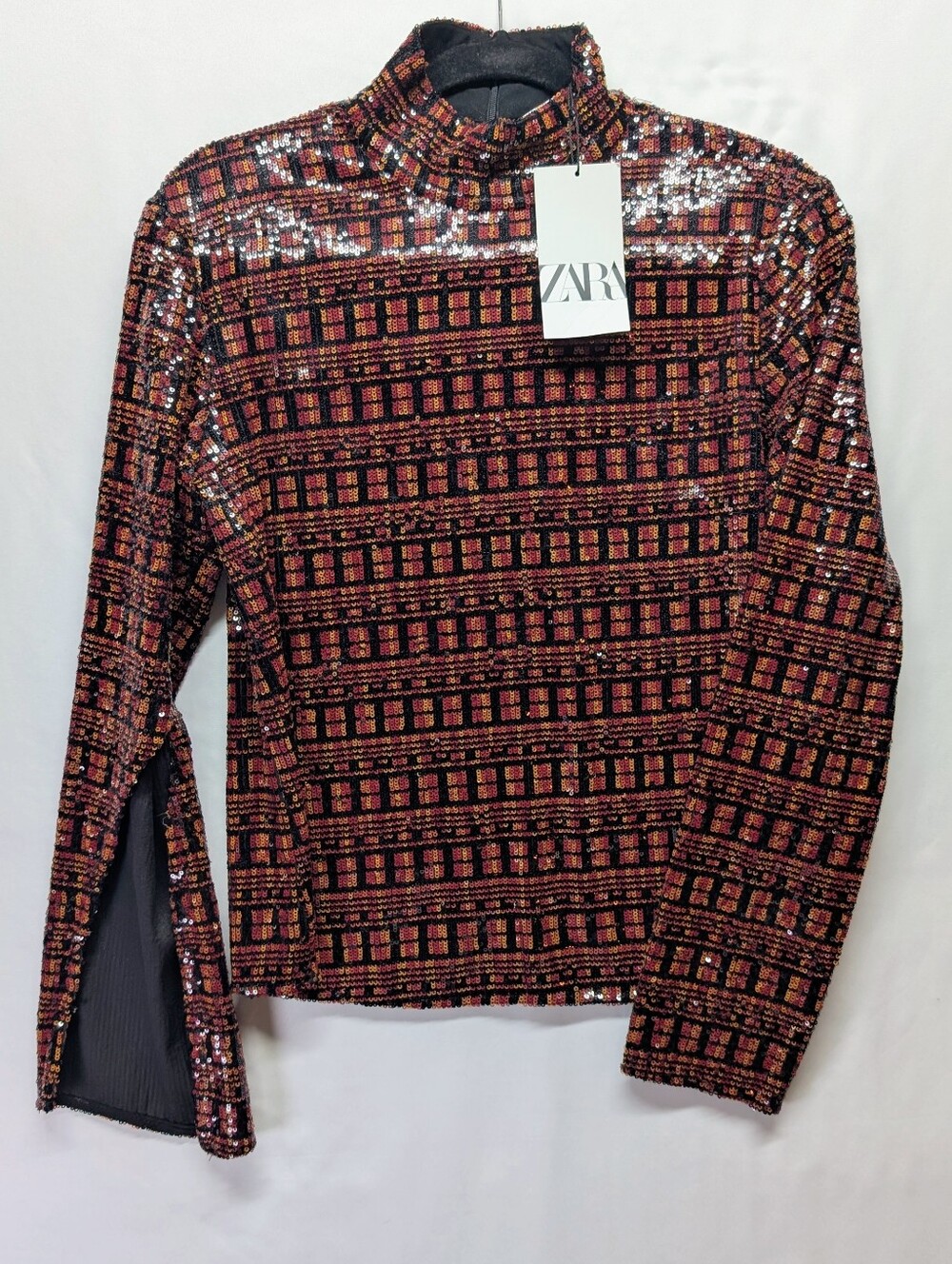 Zara Black Long-Sleeve Mock Neck Top with Red and Gold Sequin Pattern